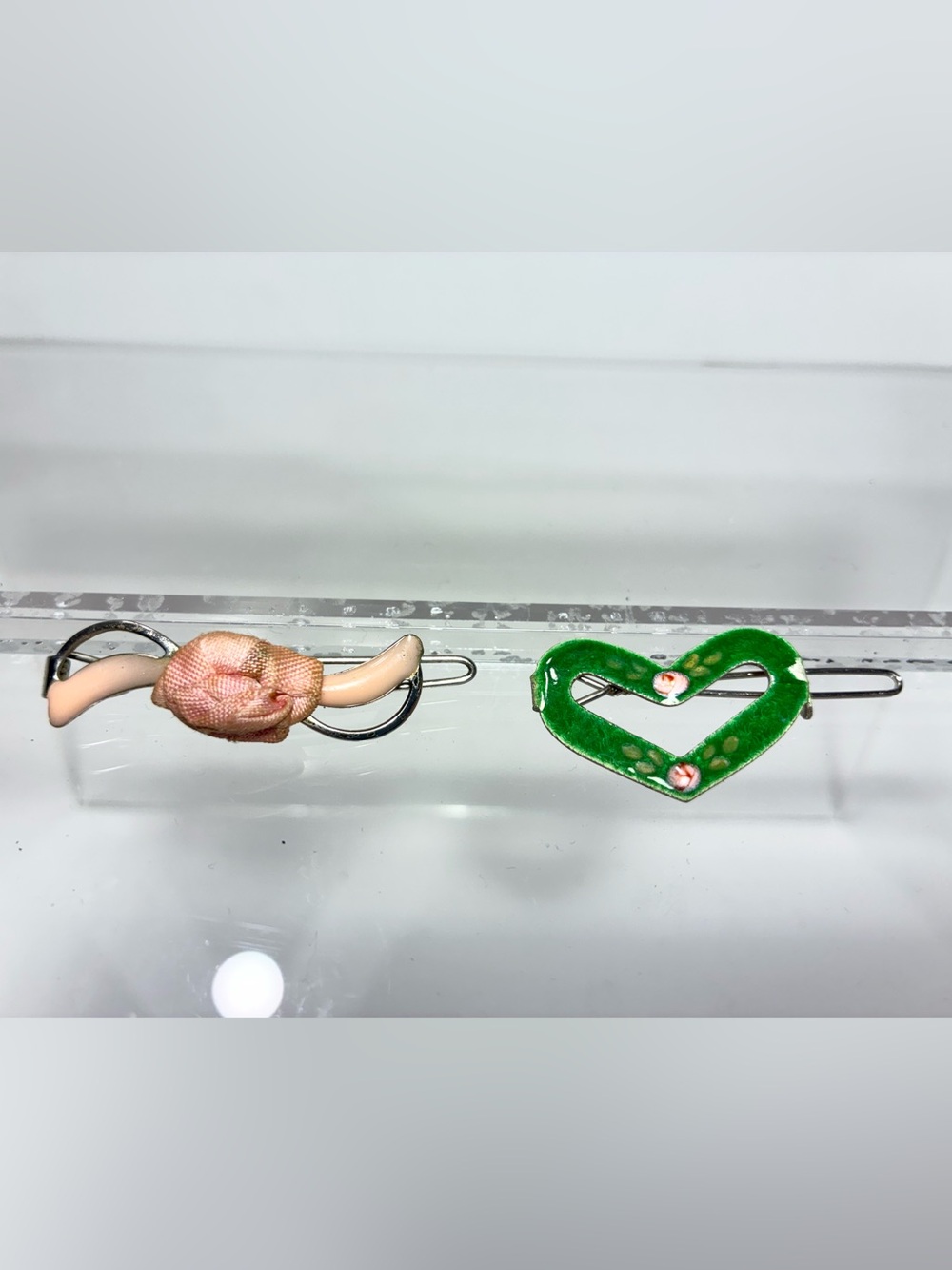 Vintage Enameled Pink Rose & Green Heart Wire Closure Hair Barrette Lot